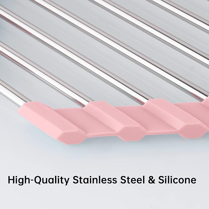 Tomorotec Triangle Foldable Dish Drying Rack, Small Roll-Up Stainless Steel Over Sink Drainer for Kitchen Sink Corner, Rustproof Multipurpose Organizer(Pink) | BPA-Free Food-Grade Silicone Edges Foldable Waterproof Rustproof Heavy-Duty Space Saver Heat... - Image 2