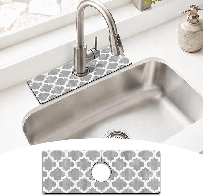 Modern Moroccan Grey Stripe Kitchen Sink Splash Guard Faucet Mat,Faucet Non-Slip Absorbent Mat,Farmhouse Sink Splash Guard Behind Faucet for Kitchen Bathroom, 15"x5.5" by puwbnhj