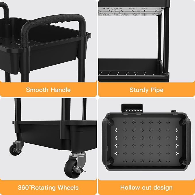 3 Tier Rolling Utility Cart with Handle,REBECAT Utility Cart Made of Multifunctional Storage Organizer Tool for Kitchen,Bathroom,Living Room,Office(Black) - Image 2