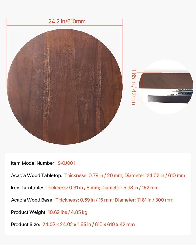 VEVOR 24 in Wood Lazy Susan Turntable, 360° Rotation Round Clear Tabletop Rotating Tray, Acacia Wood Dining Table Centerpiece, Smooth and Silent Spin, for Family Gatherings, Banquets and Weddings | For Family Gatherings, Banquets, Weddings, 360° Rotati... - Image 7