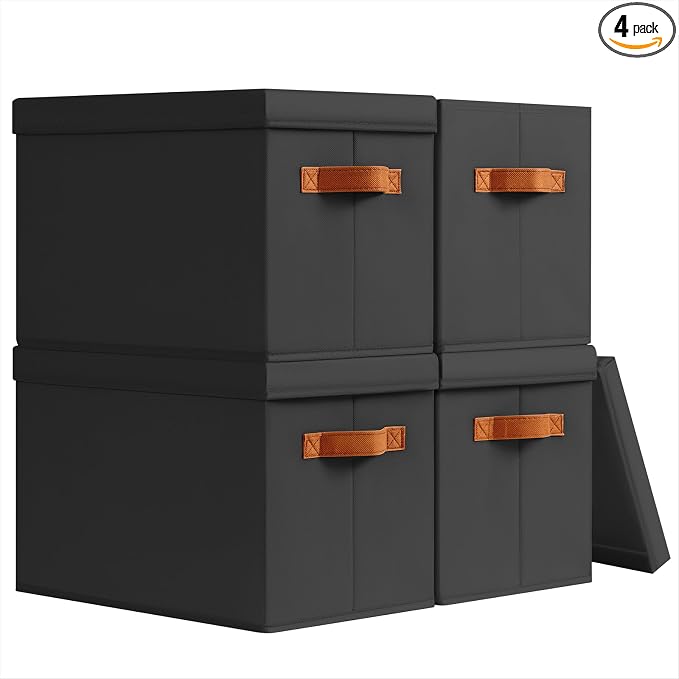Storage Bins with Lids - Fabric Storage Baskets for Shelves, 4 Pack Foldable Decorative Boxes with Handles, Stackable Organizer Bins for Home, Nursery, Dorm, Black by Homsorout