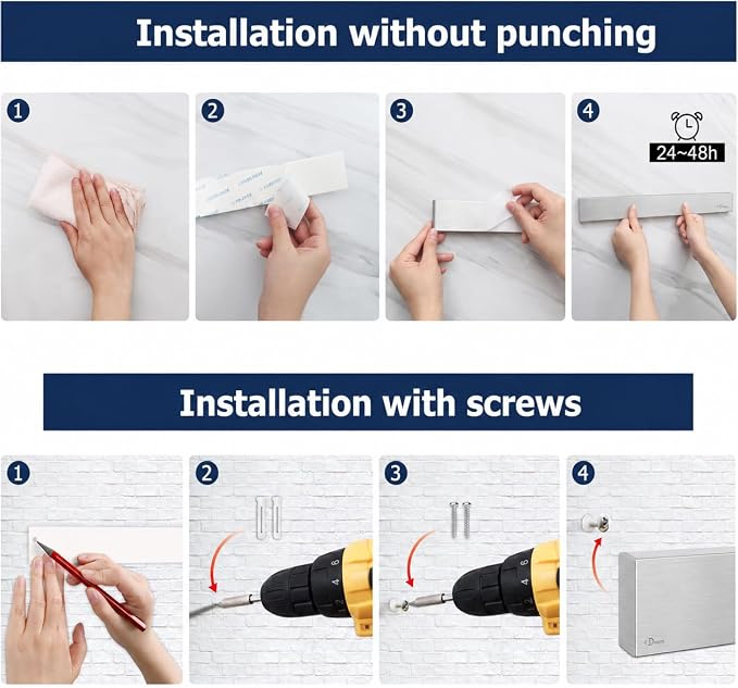 Dmore magnetic knife holder for wall—with 3 hooks, No Drilling 16 Inch silver knife magnetic strip, Powerful knife magnet rack, include Adhesive Tape and screws for Knives, Utensils, and Tools - Image 5
