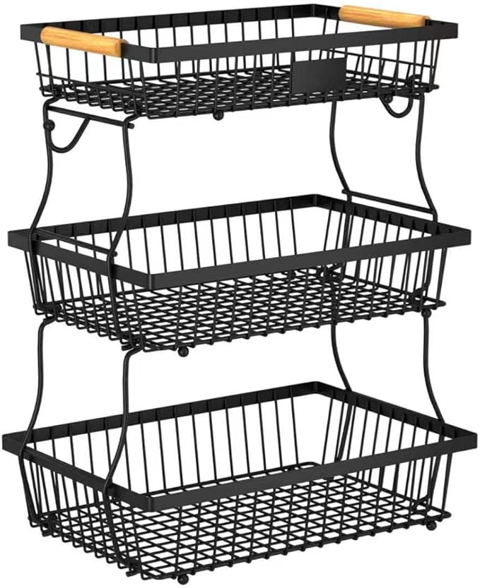 3 Tier Fruit Basket for Kitchen Counter with 2 Banana Hangers, Countertop Metal Fruit Bowl with Wooden Handle, Large Storage Stand for Vegetables, Snacks, Breads, Produce Storage – Black by Unknown