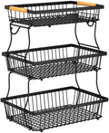 3 Tier Fruit Basket for Kitchen Counter with 2 Banana Hangers, Countertop Metal Fruit Bowl with Wooden Handle, Large Storage Stand for Vegetables, Snacks, Breads, Produce Storage – Black by Unknown
