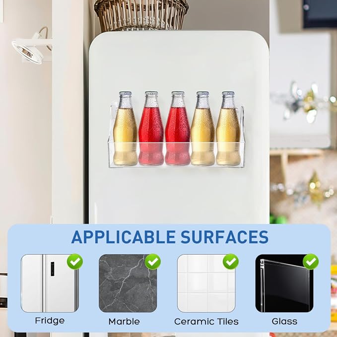1PCS Fridge Drink Organizer Suction Cup Acrylic Refrigerator Soda Can Holder Transparent Beverage Storage Shelf for Fridge Door and Kitchen Wall 14.05x5.78x2.75 Inch - Image 6