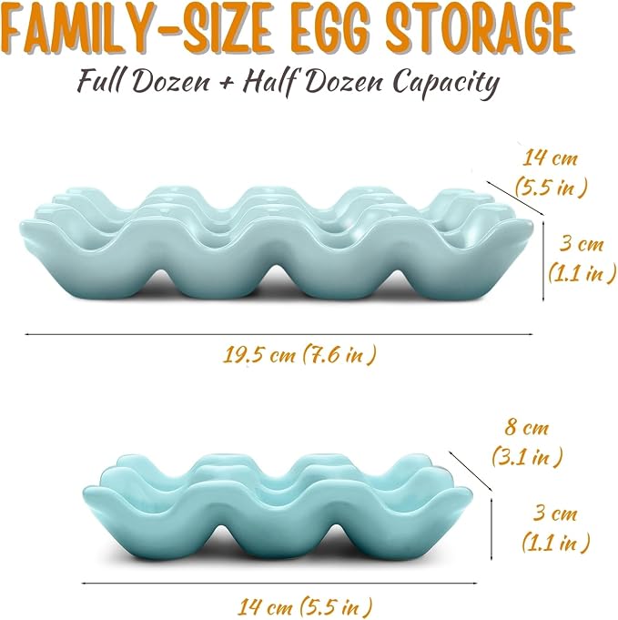 Flexzion 12 Cups Ceramic Egg Holder for Fridge - Dozen Ceramic Egg Tray Porcelain Container Storage Organizer Decorative Serving Stand Serveware for Refrigerator Countertop Display (Blue, 2 Pack) - Image 7