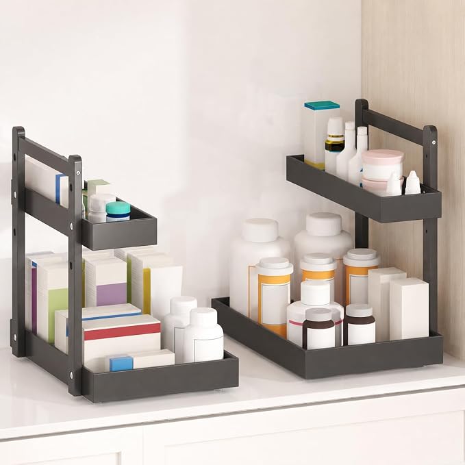 Bamboo Under Sink Organizer 2 Pack, 2-Tier Pull Out Cabinet Organizer | Kitchen Sink Organizer | Bathroom Cabinet Organizer | Cleaning Supply Storage | L-Shape | 3-Level Adjustable | Natural Bamboo - Image 3