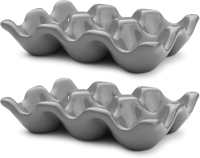 Flexzion Porcelain Egg Crate - 6-Egg Capacity Ceramic Egg Tray, Half Dozen Egg Holder for Fridge, Countertop Display - Gray Decorative Serving Dish and Storage Organizer, 2 Pack - Image 2