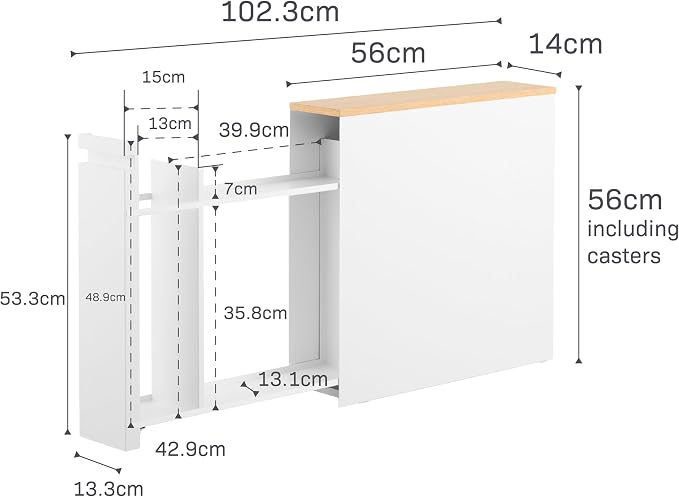 Yamazaki Home Pull-Out Bathroom Storage Cabinet with Wood Top, White | Slim space-saving bathroom storage cabinet with a natural wood top. Clever pull-out design. Holds 12 rolls of toilet paper. - Image 3
