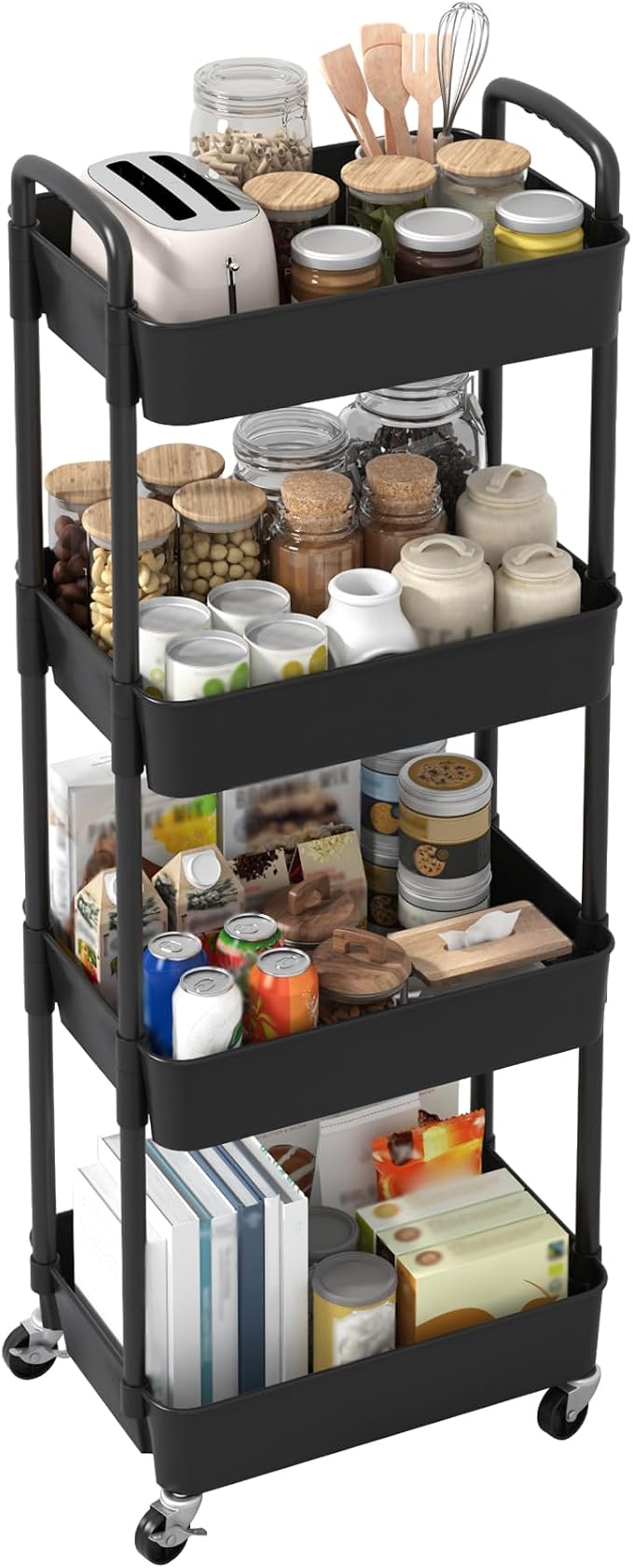 Sywhitta 4-Tier Plastic Rolling Utility Cart with Wheels for Storage, Black | Multi-Functional Storage Trolley, for Office, Living Room, Kitchen, Bathroom,Movable Organizer,Space-Saving,Easy to assemble - Image 8