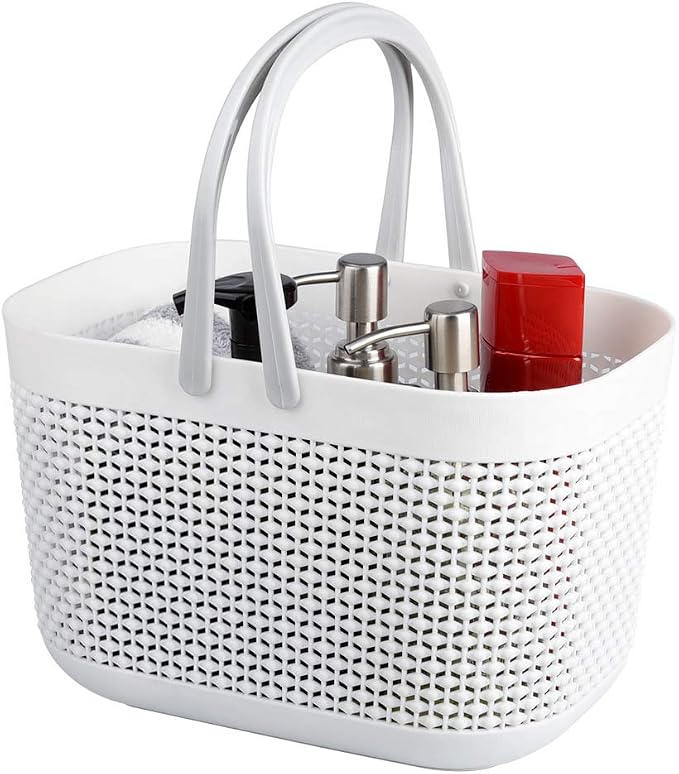 Plastic Portable Shower Caddy Basket, Storage Organizer with Handle, White | Bottom Drain Holes, Keep Dry, Sturdy and Durable, Easy to Carry for Bathroom, Kitchen, Dorm Room, RV, College by UUJOLY