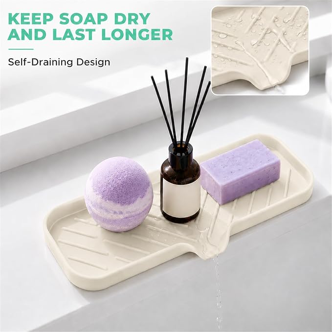 MicoYang Silicone Soap Dish with Drain Spout — Self-Draining Double Sink Organizer Tray for Kitchen & Bathroom, Dispensers, Sponges & Soap Holder, Non-Slip & Dishwasher Safe, Tapioca (Large, 12"×4") - Image 6