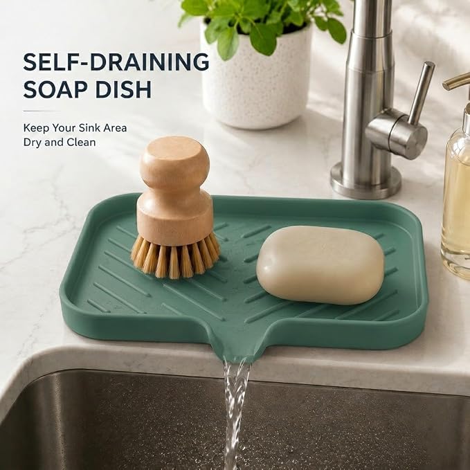 MicoYang Silicone Soap Dish with Drain Spout — Self-Draining Sink Organizer Tray for Bathroom & Kitchen, Sponges, Dispensers & Soap Holder, Non-Slip & Dishwasher Safe, Green (Medium, 9.6"×5.3") - Image 7