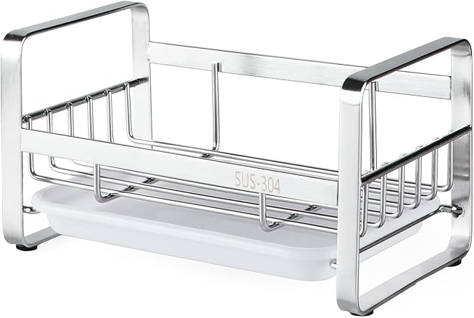 HULISEN Kitchen Sink Sponge Holder, 304 Stainless Steel Kitchen Soap Dispenser Caddy Organizer, Countertop Soap Dish Rack Drainer with Removable Drain Tray, not Including Dispenser and Brush | Removable Drain Tray, Holds Sponges Soap Bottles Brushes, C... - Image 2