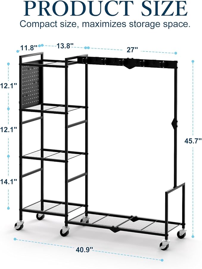 Broom Holder with Cleaning Supplies Organizer, Heavy Duty Janitorial Housekeeping Cart with Mop Clips & Hooks, Home Essentials Broom Closet Storage, Multifunctional Cleaning Cart for Laundry - Image 6