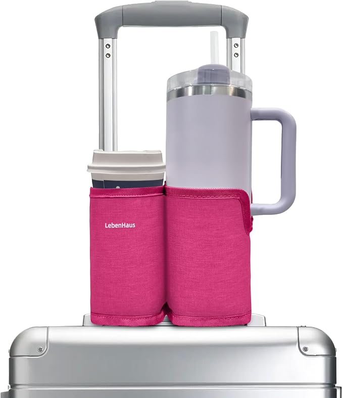 2 in 1 Luggage Cup Holder for Suitcase Airplane Drink Carrier Travel (Pink) | airplane cup holder|washable material|portable|for stanley cup|Hands Free|Coffee Beverage Organizer Gifts for Travelers by LebenHaus