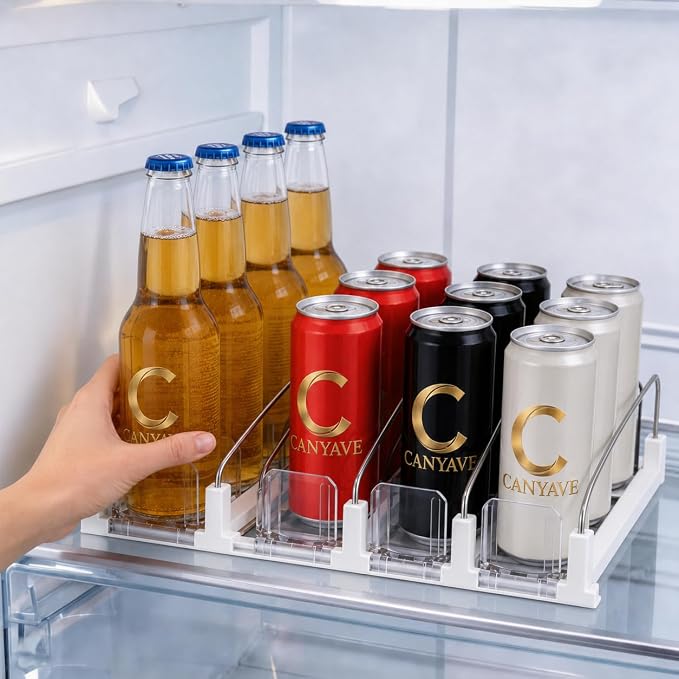 Self-Pushing Beverage Organizer for Fridge – Adjustable Spring Loaded Drink Dispenser & Soda Can Organizer – Clear Glide Rack Fits Cans, Bottles, Slim & Standard Sizes for Kitchen Pantry (4Rows) by Canyave