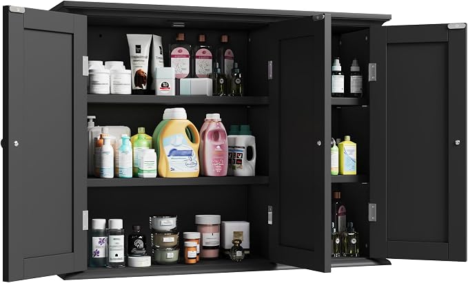 ChooChoo Laundry Cabinet with 3 Doors and Adjustable Shelves | 9.06"D x 31.1"W x 24"H, Bathroom Wall Cabinet, Cupboard, Black - Image 8