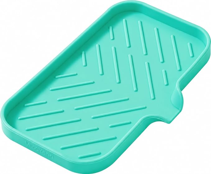 MicoYang Silicone Soap Dish with Drain Spout — Self-Draining Sink Organizer Tray for Bathroom & Kitchen, Sponges, Dispensers & Soap Holder, Non-Slip & Dishwasher Safe, Mint (Medium, 9.6"×5.3") by MicoYang