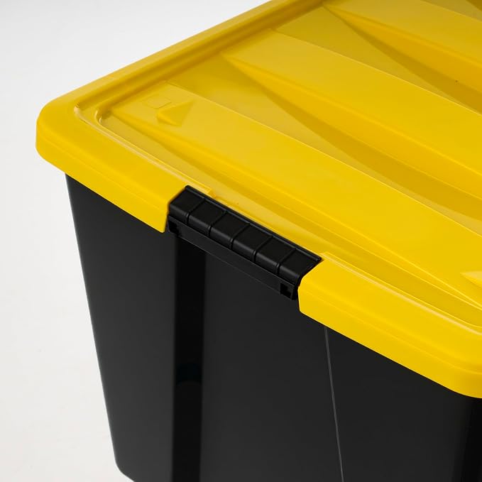 IRIS USA 6-Pack 72 Quart Storage Bins with Lids, Black/Yellow | Black finish conceals stored items. Perfect for moving, blankets, clothing, and garage storage. Nestable design saves space - Image 3