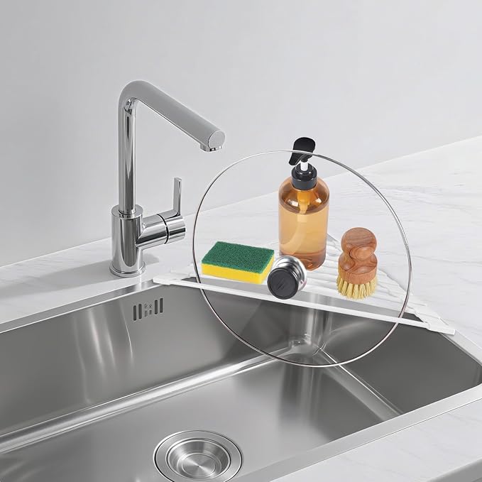 HANZENMA Triangular Sink Rack, Multi-Functional Rack Above the countertop, Foldable Sink Drying mat, Heat-Resistant, Non-Slip, and Rust-Proof Dish Rack (White) - Image 7