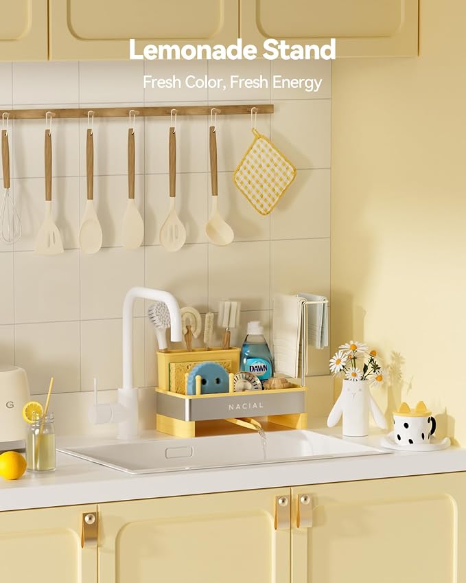 Nacial Kitchen Sink Organizer, Sink Caddy with Sponge & Tall Brush Holder | 304 Stainless Steel Kitchen Countertop Organizer with Double-Bar Towel Holder, Stores Sponge, Brush, Towel & Sink Essentials - Image 4