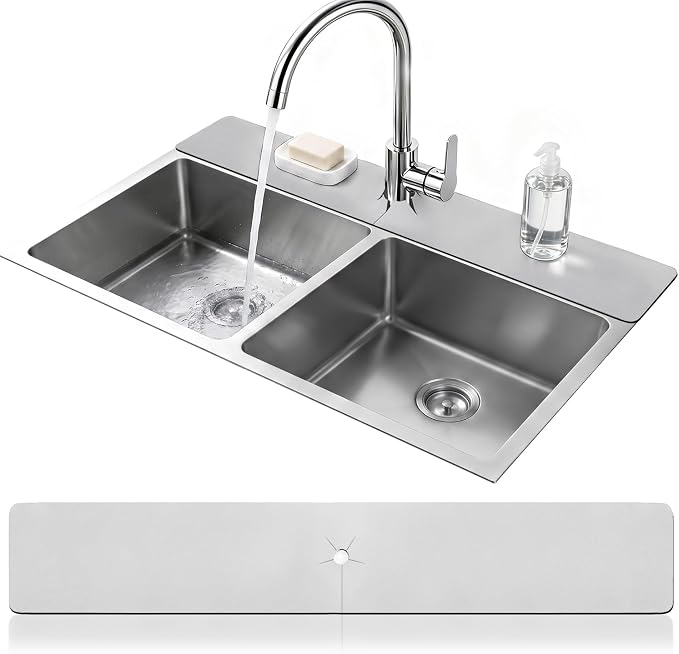 LOPNUR Cuttable Faucet Mat for Kitchen Sink, Long 29x5.5 Inch, Dark Grey | Super Absorbent & Fast Dry Diatomite Sink Splash Guard, 0.8-2.4 Inch Adjustable Faucet Hole, Cut to Fit Bathroom & RV Sinks by LOPNUR