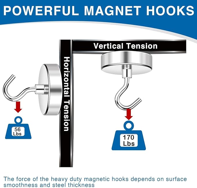 LOVIMAG Magnetic Hooks for Cruise Cabins, 170LBS, 12Pack | Heavy Duty Neodymium Magnet with Hook Essentials for Classroom, Fridge, Ceiling, Hanger, Silver - Image 3
