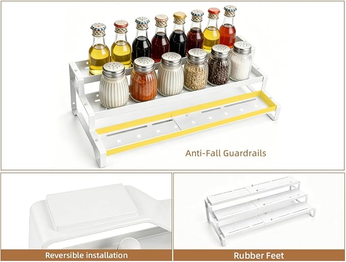 Expandable Spice Rack Organizer for Cabinet 3 Tier Spicy Shelf White 1Pack | Adjustable Length 13"-21", Metal Seasoning Organization, Slip-Resistant Guardrails for Jars, Cabinet & Countertop Storage - Image 8