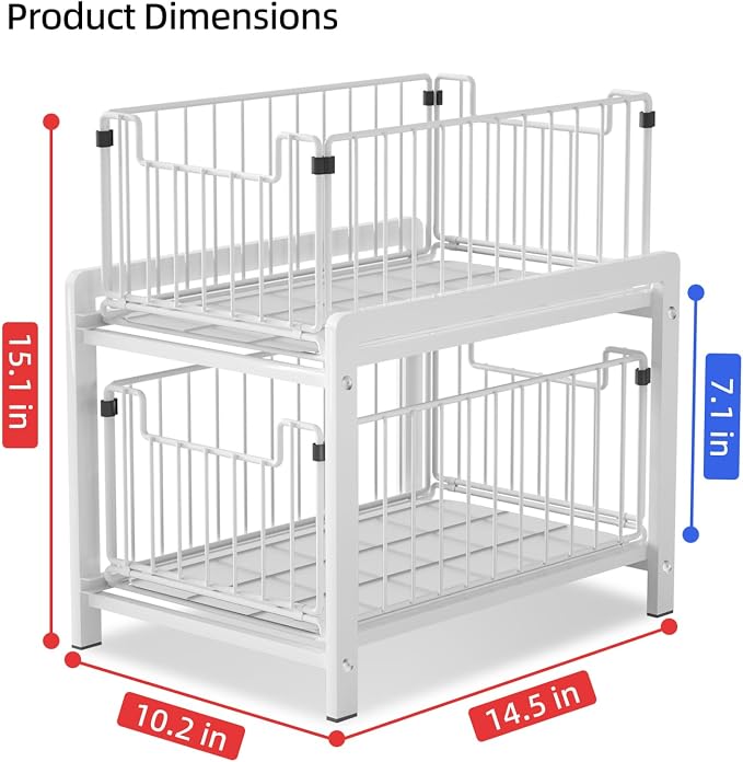 2-Tier Pull Out Cabinet Organizer, Slide Out Under Sink Organizer | Metal Cabinet Baskets with Mesh Sliding Drawer for Home, Office, Bathroom, Kitchen, Pantry Storage Shelf, Large White - Image 2