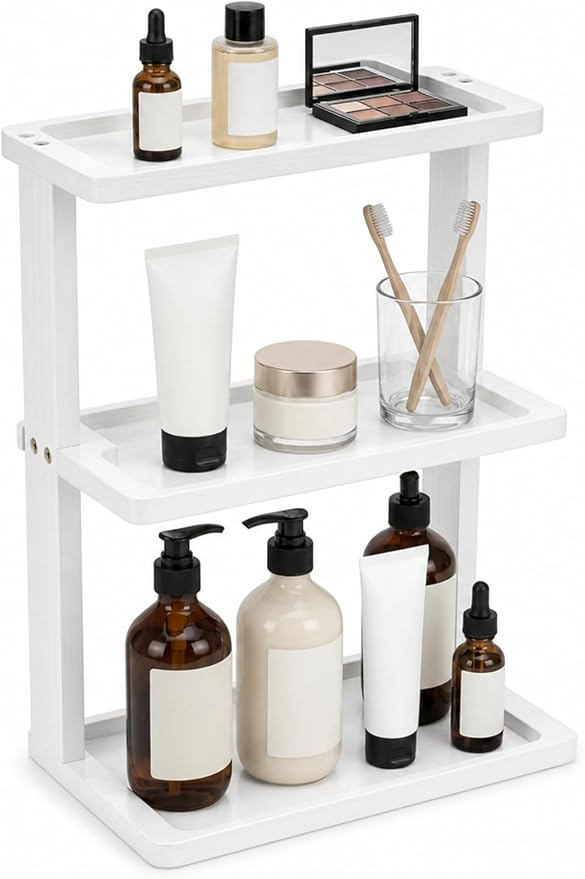 PEKER Bamboo Bathroom Organizer Countertop – Vanity Storage Shelf for Makeup, Perfume, Skincare – Natural Cosmetics Display Rack for Dresser, Sink, Kitchen – White by Unknown