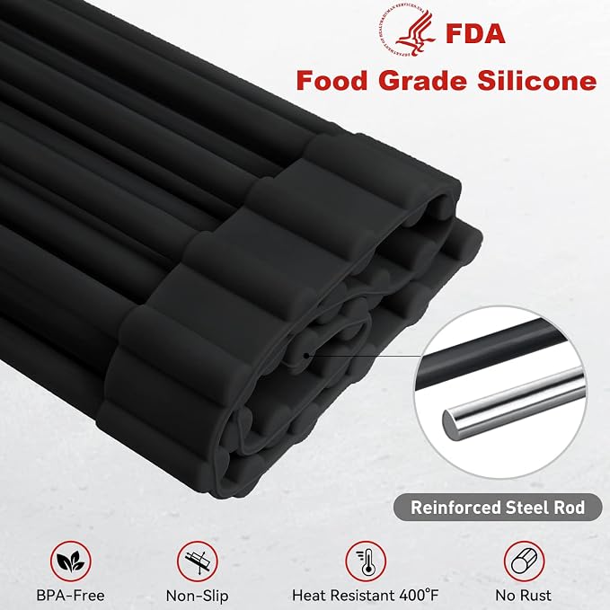 MERRYBOX Roll Up Over The Sink Dish Drying Rack Silicone Wrapped Foldable, Heat-Resistant, Anti-Slip Sink Rack Multipurpose Dish Drainer for Kitchen Sink Counter - Black, 17.5" x 11" - Image 5