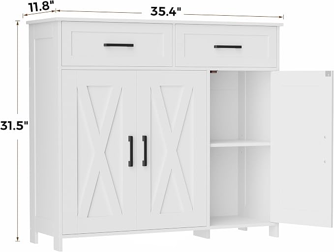 Homhedy Coffee Bar Storage Cabinet with Drawers, Kitchen Buffet Cabinet | Sideboard Cabinet with Doors, Farmhouse Buffet Cabinet, Adjustable Shelves, for Kitchen / Dining / Living Room, White - Image 2