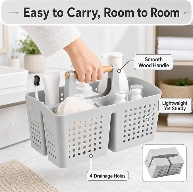 Portable Shower Caddy Basket with 3 Compartments and Handle, Light Gray | Plastic Divided Storage Caddy for Bathrooms, Apartments, Guest Rooms, Offices, Crafts and Under-Sink Organization - Image 7