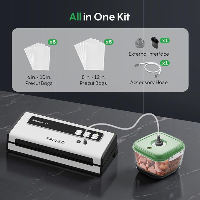 FRESKO Vacuum Sealer Machine with Automatic Bag Detection, Compact Design | 0.2-inch Widened Heating Strip, Food Vacuum Sealer for Dry & Moist Food Storage, Suitable for Sous Vide, 10 Pre-Cut Bags - Image 9