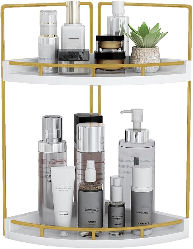 Dorhors Corner Bathroom Counter Organizer,Vanity Countertop Storage Shelf | 2-Tier Gold Rack Holder for Skincare,Perfume,Makeup,Lotion,Wood Sink Tray Stand for Kitchen,Restroom,Dresser by Dorhors