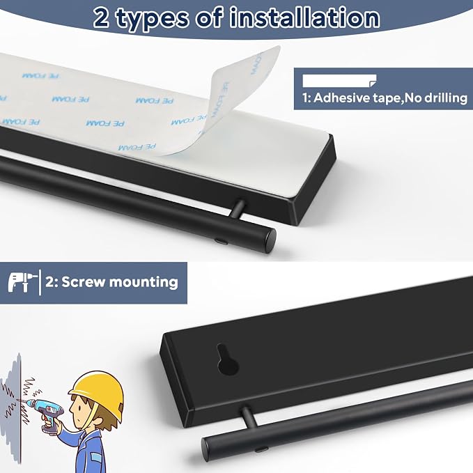 17 inch magnetic knife holder with 10 hooks, No Drilling black knife magnetic strip and utensil hanger for wall, Powerful knife magnet rack include tape and screws - Image 5