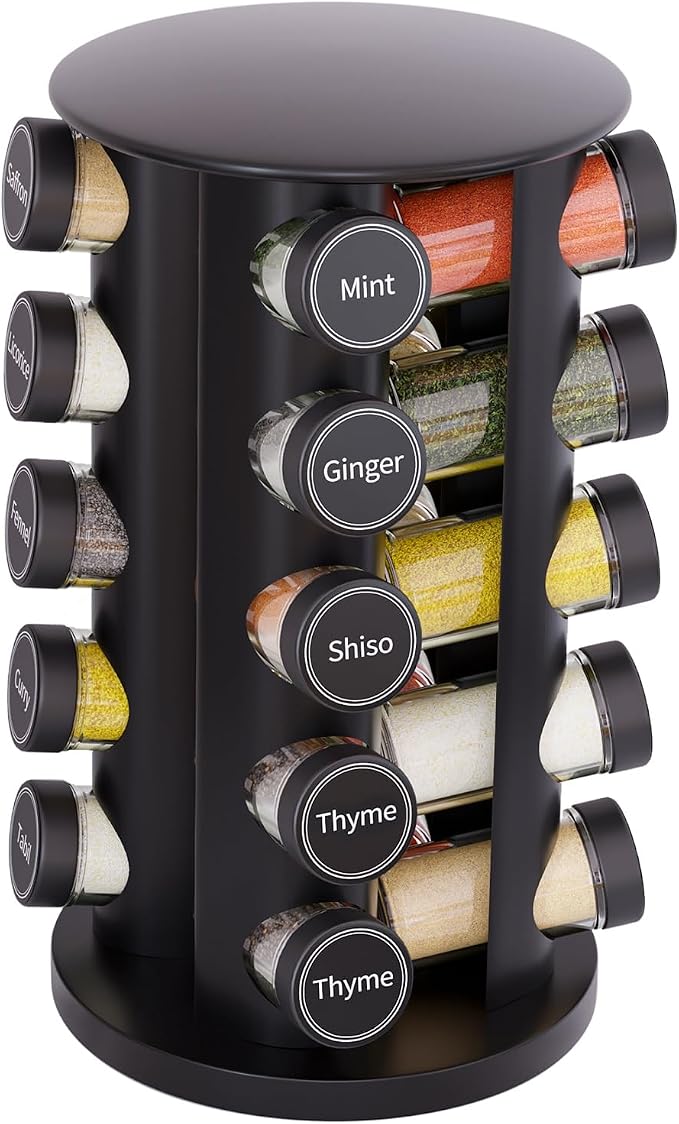 Revolving Spice Rack Set with 20 Spice Jars, Kitchen Spice Tower Organizer for Countertop or Cabinet - Carousel Storage Includes 386 Spice Labels (Black) by NewEnglandStories