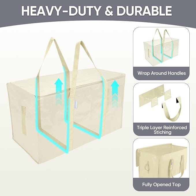 TICONN 4 Pack Extra Large Moving Bags Heavy Duty with Zippers & Carrying Handles, Durable Storage Bags Moving Boxes for Closet Organizers and Storage (4 Pack, Cream) - Image 3