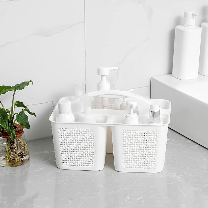 Plastic Portable Shower Caddy Basket with Handle, 3 Compartments, White | Storage Organizer with Drain Holes, Sturdy and Durable For Bathroom, Kitchen, College Dorm, Sink, Camping - Image 2