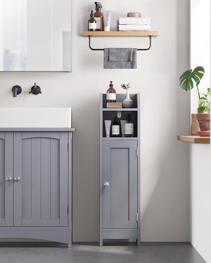 VASAGLE Small Storage Corner Floor Cabinet with Door,Dove Gray | Narrow Toilet Paper Storage Holder, 7.1 x 7.5 x 31.5 Inches, Adjustable Shelves, SIREN Collection UBBC310P36 - Image 8