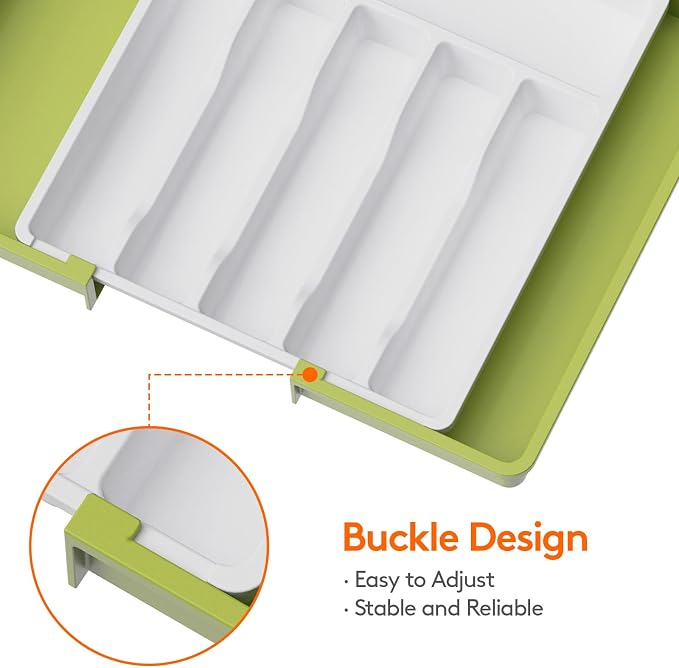 Lifewit Extra Large Silverware Drawer Organizer, Expandable Utensil Tray | BPA Free Flatware Cutlery Holder for Kitchen, Adjustable Plastic Storage for Spoons Forks Knives, 13-22 x15, Green&White - Image 7