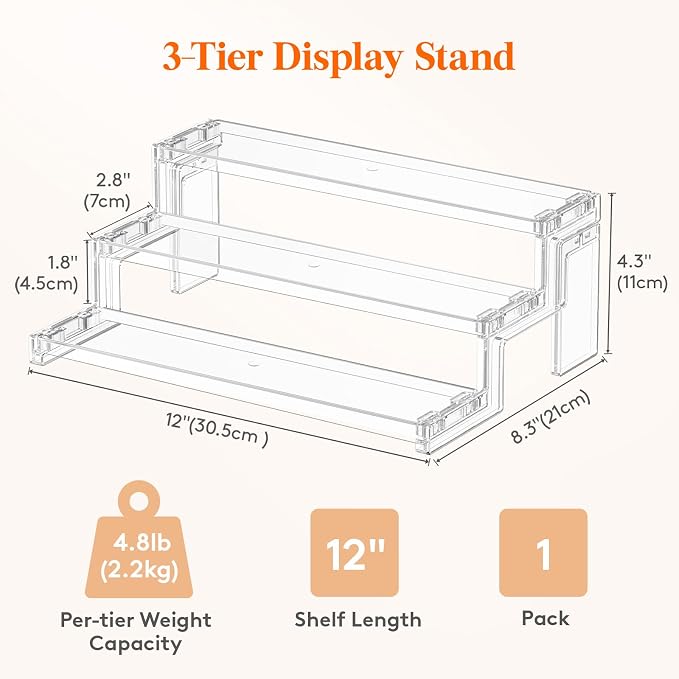 Lifewit 12″ Spice Rack, Perfume Cologne Stand,Tool-Free Assembly, 1 Pcs | 3-Tier Clear Display Riser Shelf, Cupcake Stand, Seasoning Figurine Makeup Holder, Room Decor, Kitchen Cabinet Storage - Image 3