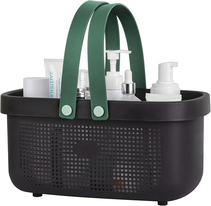 Portable Shower Caddy Basket with Handle Plastic Storage Basket Black Green | Sturdy Drainage Large Capacity Organizer Basket with Silicone Handles for Bathroom Kitchen Bedroom College Dorm Essentials by JiatuA