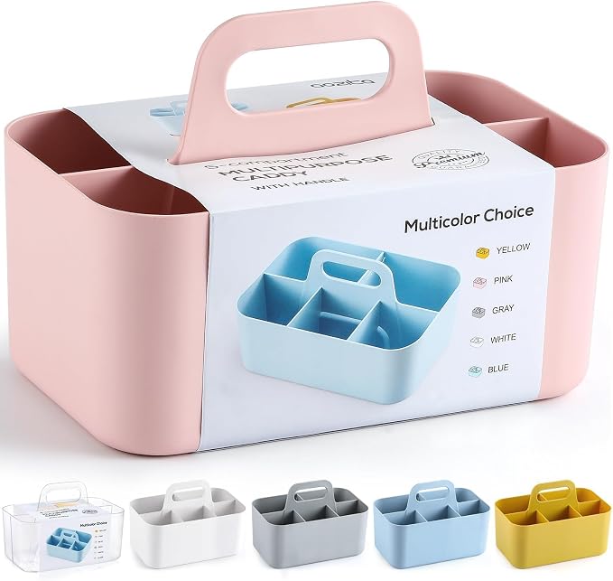 Multiuse Caddy Organizer with Handle, Portable Divided Plastic Tote Bin - Art Craft, Stationary Pen Marker Crayons, Makeup Hair Supplies Storage - Bathroom, Classroom, Dorm, Office, Desk Holder - Pink by AOZITA