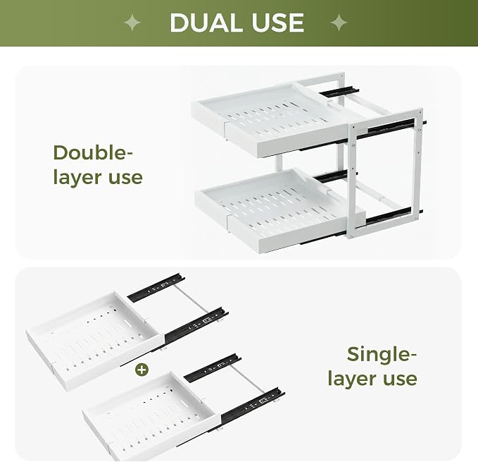 Abalter Expandable Pull Out Cabinet Organizer, 2-Tier Slide Out Drawer for Kitchen Cabinets, Adjustable Width 12–18.5", Slide Out Shelves for Kitchen, Bathroom, Pantry, Heavy Duty Caddy(White) - Image 5