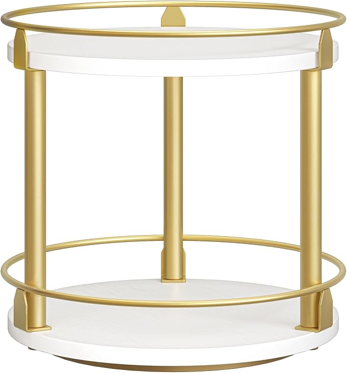 Lazy Susan Organizer, Rotating Spice Rack, 2 Tier Spice Turntable Organizer, Industrial Turntable Spice Holder, for Kitchen Countertop and Cabinet, Compact and Versatile, White and Gold SR22DW by Yatiney