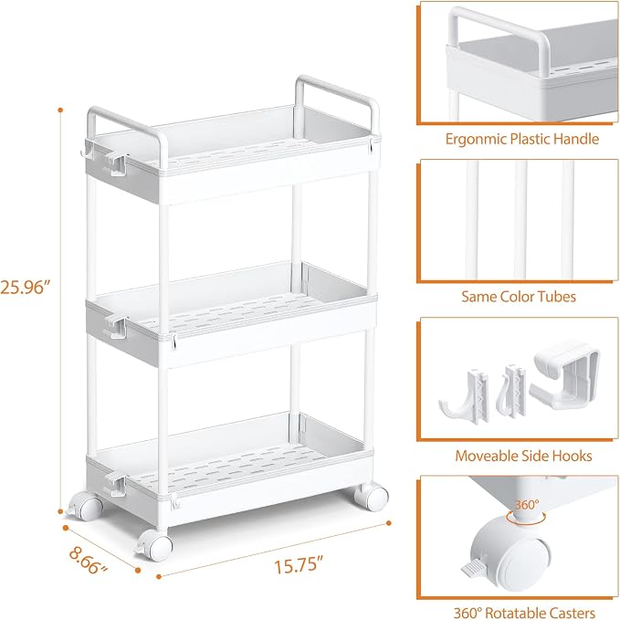 Ronlap 3 Tier Slim Rolling Storage Cart with Wheels Utility Organizer,White | For bathroom, laundry, kitchen, bedside & dorm. Fits art, craft, snack, makeup, nail, diaper & postpartum baby supplies - Image 2
