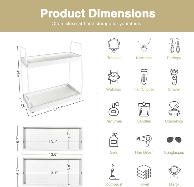 Forbena White 2 Tier Bathroom Organizer Countertop, Small Counter Top Organizer for Bathroom Decor, Modern Kitchen Counter Shelf for Snack, Vanity Makeup Organizers and Storage Tray for Bedroom - Image 2