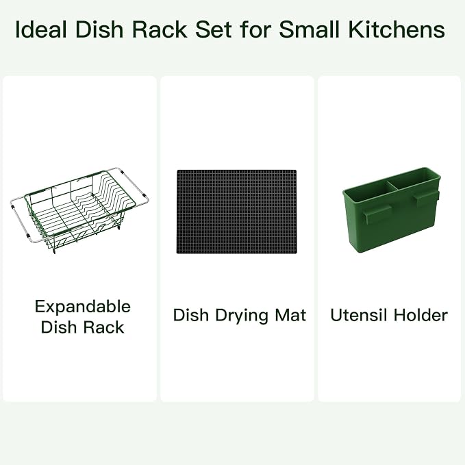 Grey Dish Drying Rack Over The Sink with Utensil Holder, Mat | Expandable Stainless Steel Dish Drainer for Small Kitchen, Apartment, RV, Counter Space Saving, Perfect Fit, Rustproof - Image 9